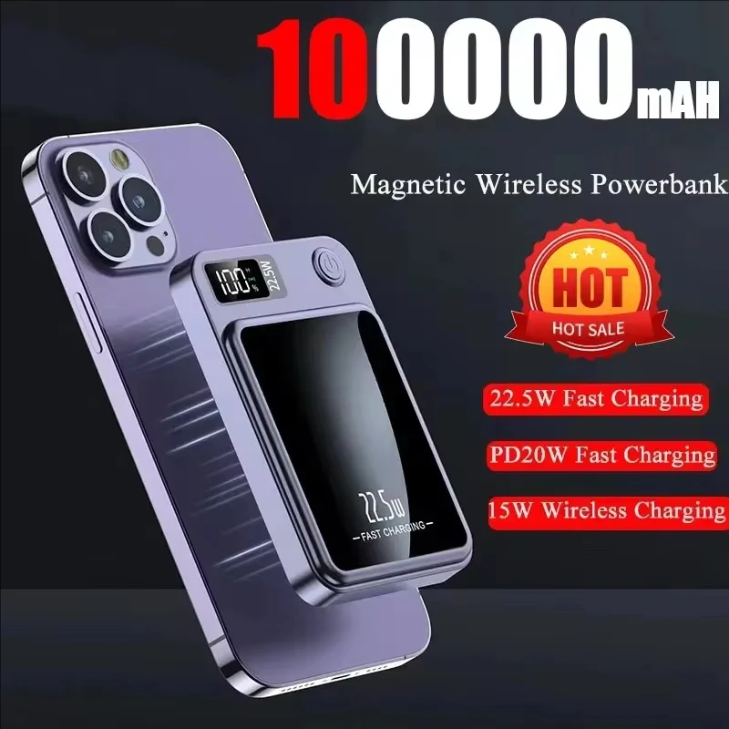 100000mAh Magnetic Wireless Charger Power Bank Digital Display Fast Charging 22.5W Powerbank Portable External Battery Hot