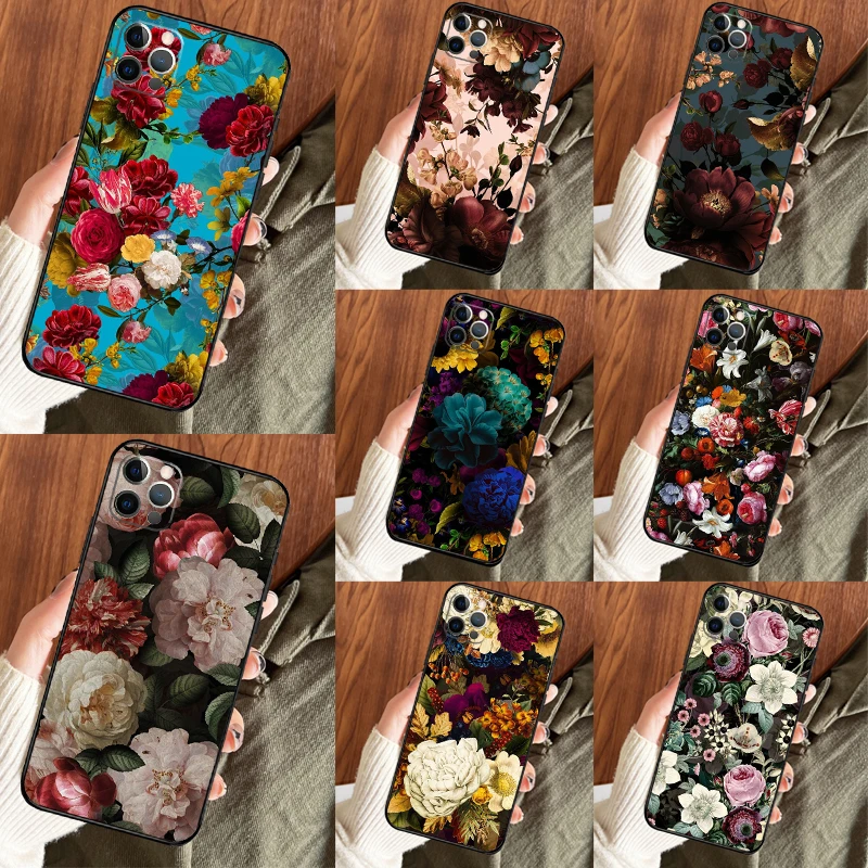 Midnight Garden Moody florals Case For iPhone 14 13 12 11 15 16 Pro Max Mini Plus X XR XS Max Cover Coque