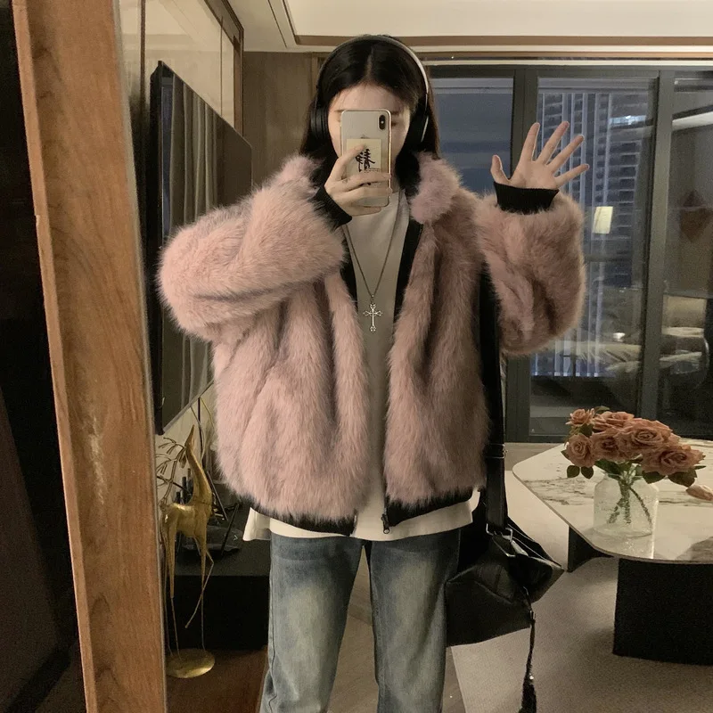 Faux Mink Fur Hooded Parkas Coats Women Short Solid Jackets Reversible Pocket Long Sleeves Slim Office Lady Casual 2025 Winter