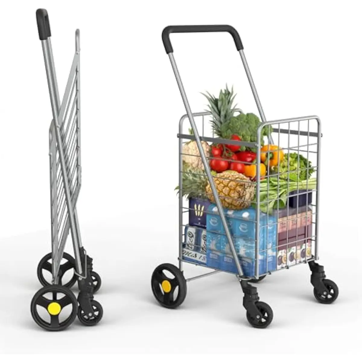 Shopping Cart & 360° Swivel Wheels | Foldable Collapsible & Lightweight | Perfect for Groceries Laundry Utility Cart - Silver
