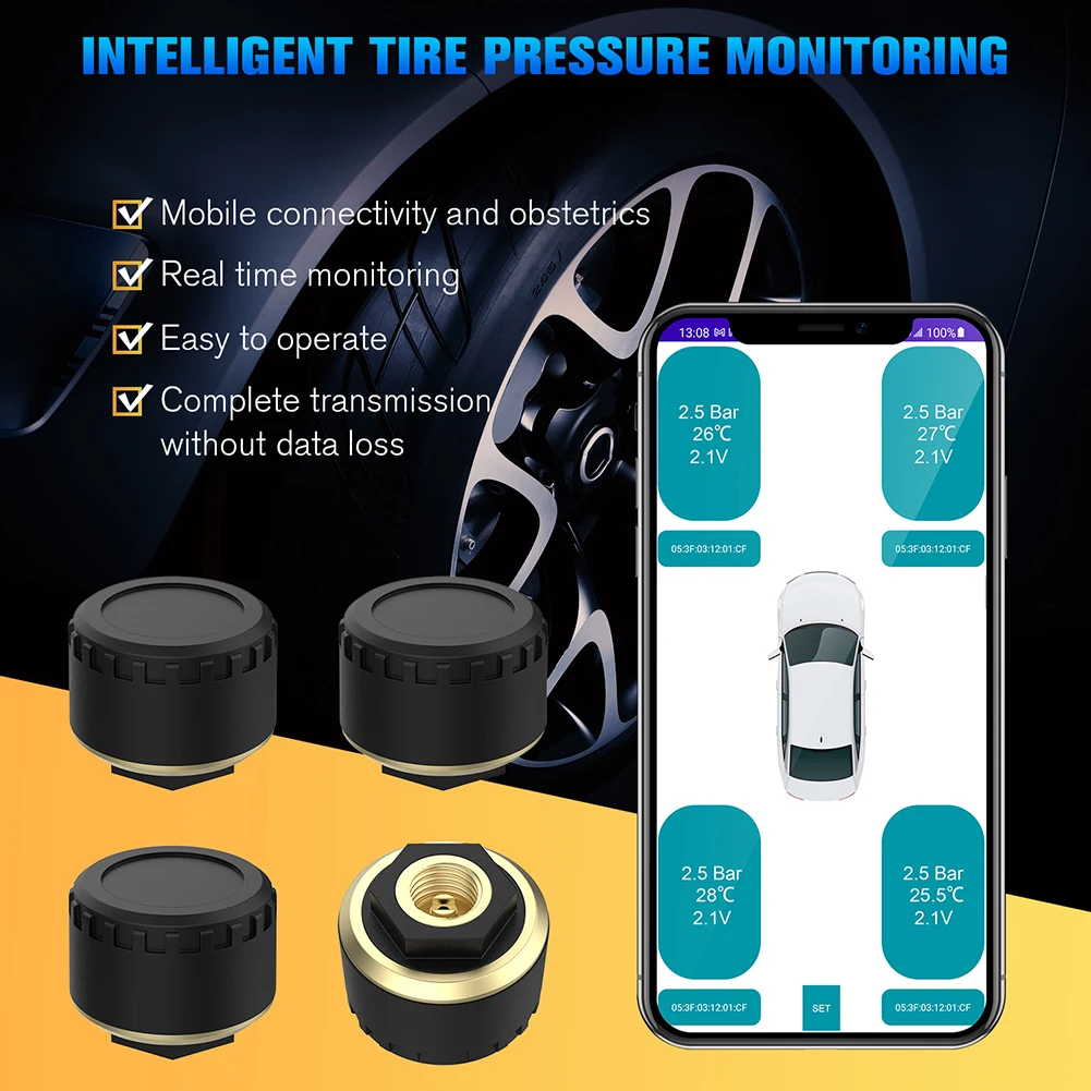 نظام مراقبة ضغط الإطارات TPMS الاحترافي للسيارة، متوافق مع تقنية البلوتوث، شاشة عرض ضغط الإطارات للهاتف المحمول