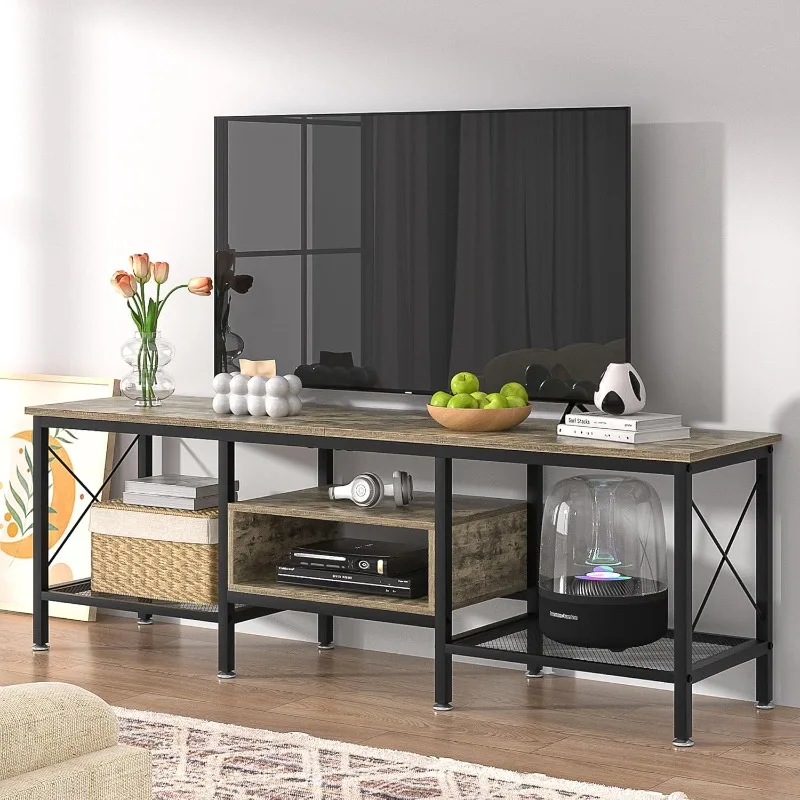 US TV Stand for 75 Inch Television Cabinet 3-Tier Console with Open Storage Shelves, Entertainment Center Metal Frame for Living