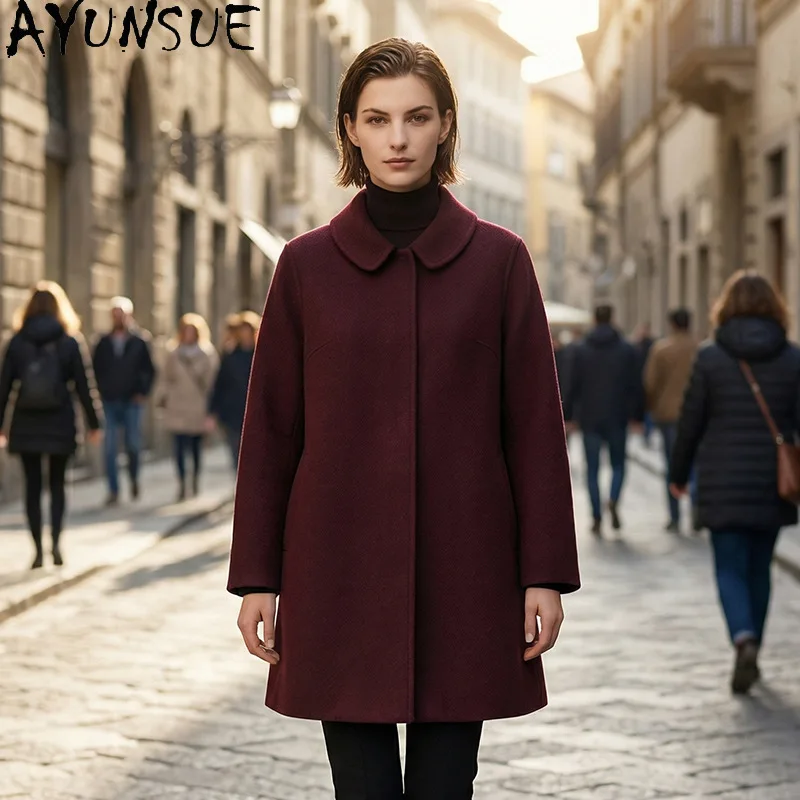

AYUNSUE Women's 100% Wool Coat Elegant Mid-length Polo Collar Jacket Woman Loose Casual Outerwear Woman Clothes Casaco Feminino