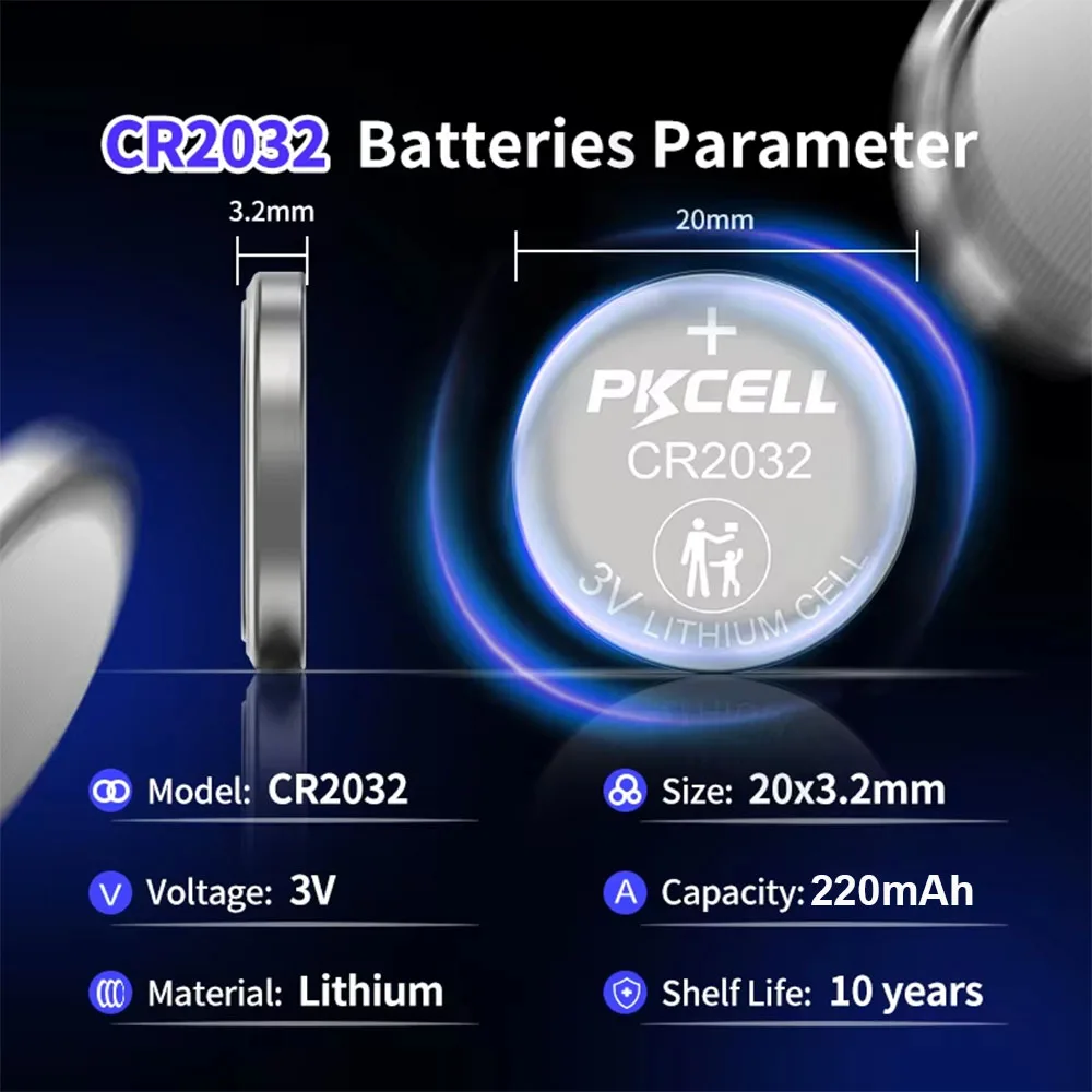 PKCELL 20PCS CR2032 3V Button Batteries BR2032 DL2032 ECR2032 Cell Coin Lithium Battery Watches Car Remote Key Coin Battery Cell