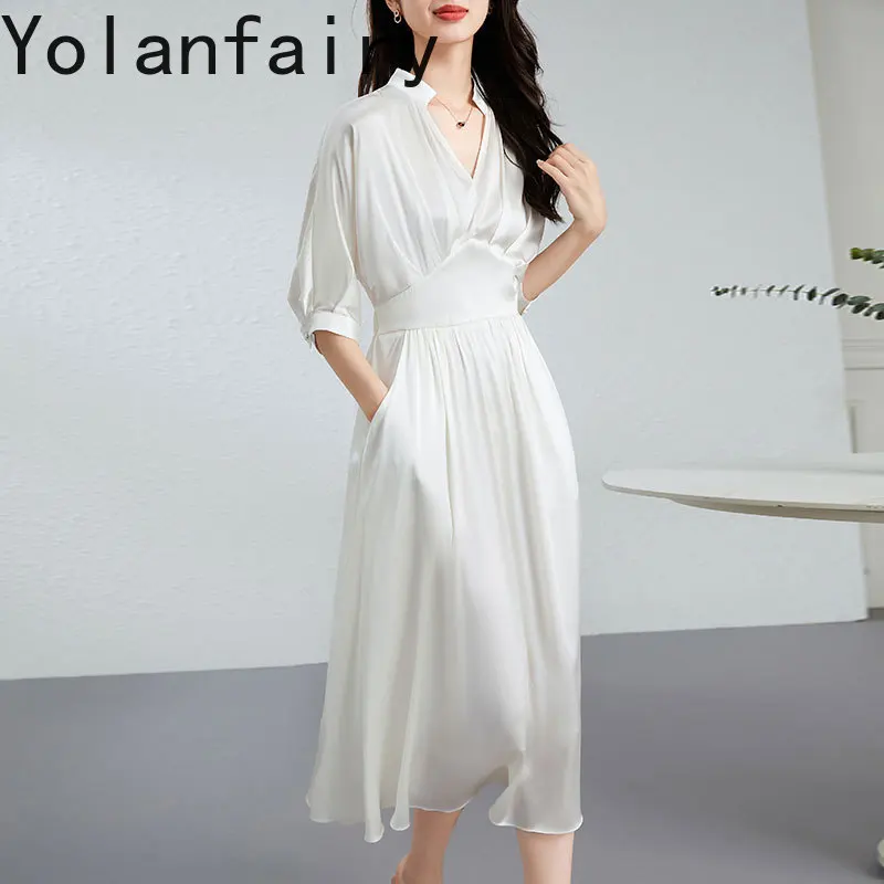 YOLANFAIRY 19mm 92.3%Natural Mulberry Silk Satin Dress for Woman French Elegant Birthday Dresses Luxury V-neck Large Hem vestido