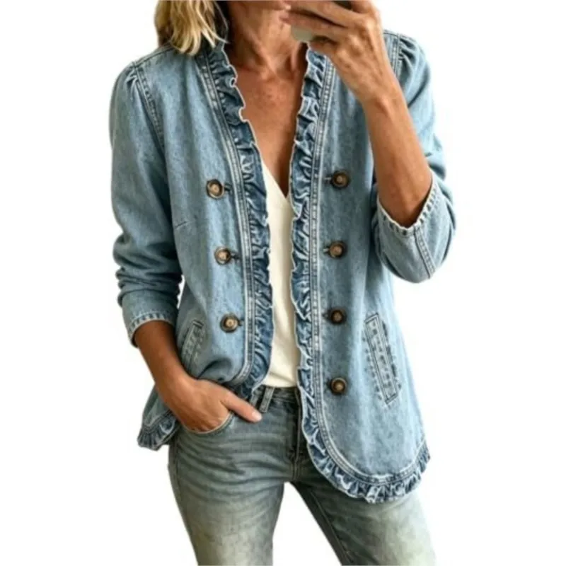Women Vintage Ruffle Edge Decor Denim Jacket Autumn Lapel Collar Long Sleeve Double Breasted Jean Coat Casual Female Outerwear