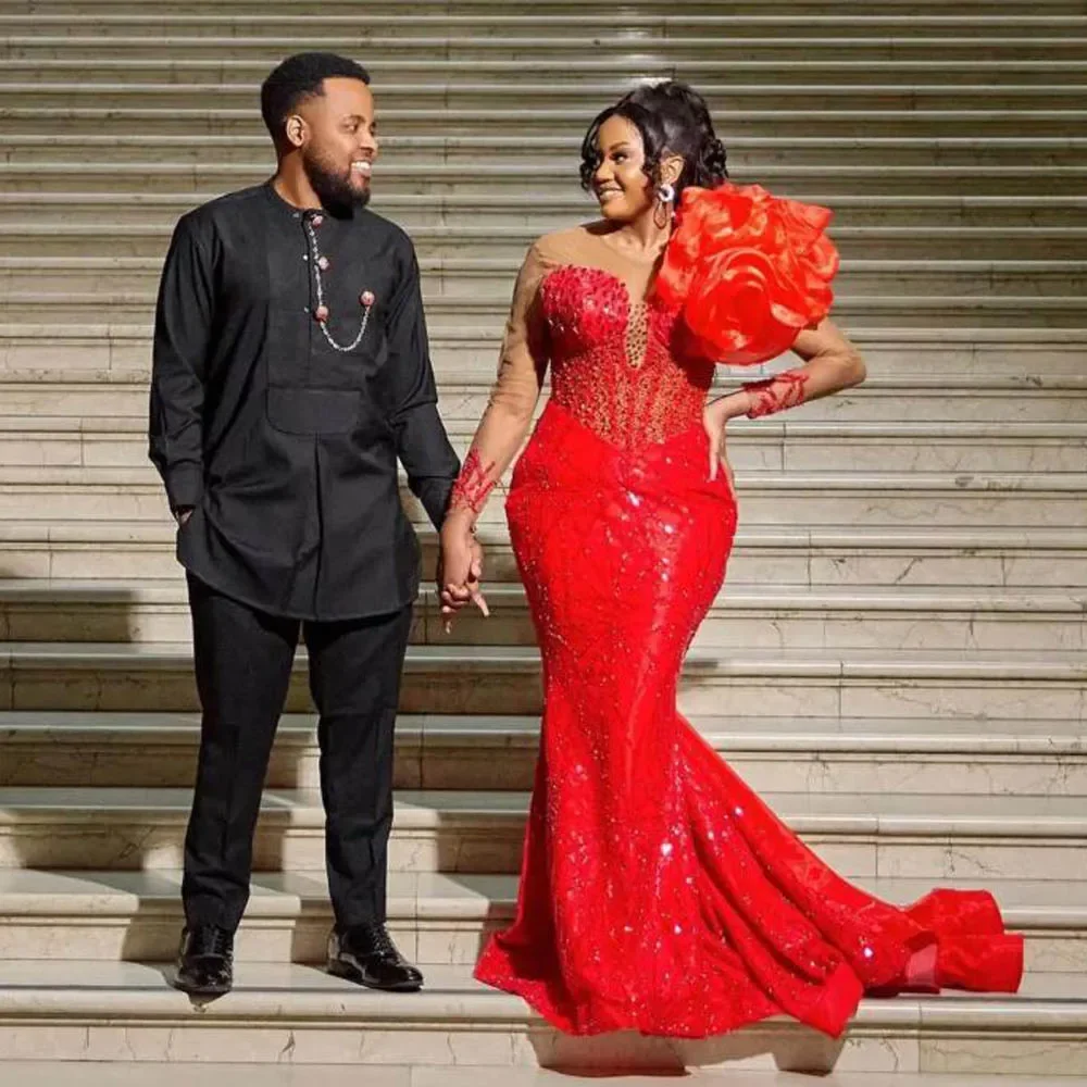 فستان حورية البحر بأكمام طويلة ورقبة شفافة للحفلات الراقصة مزين بالخرز من الدانتيل Aso Ebi رداء حفلات أحمر مقاس كبير فساتين سهرة #3