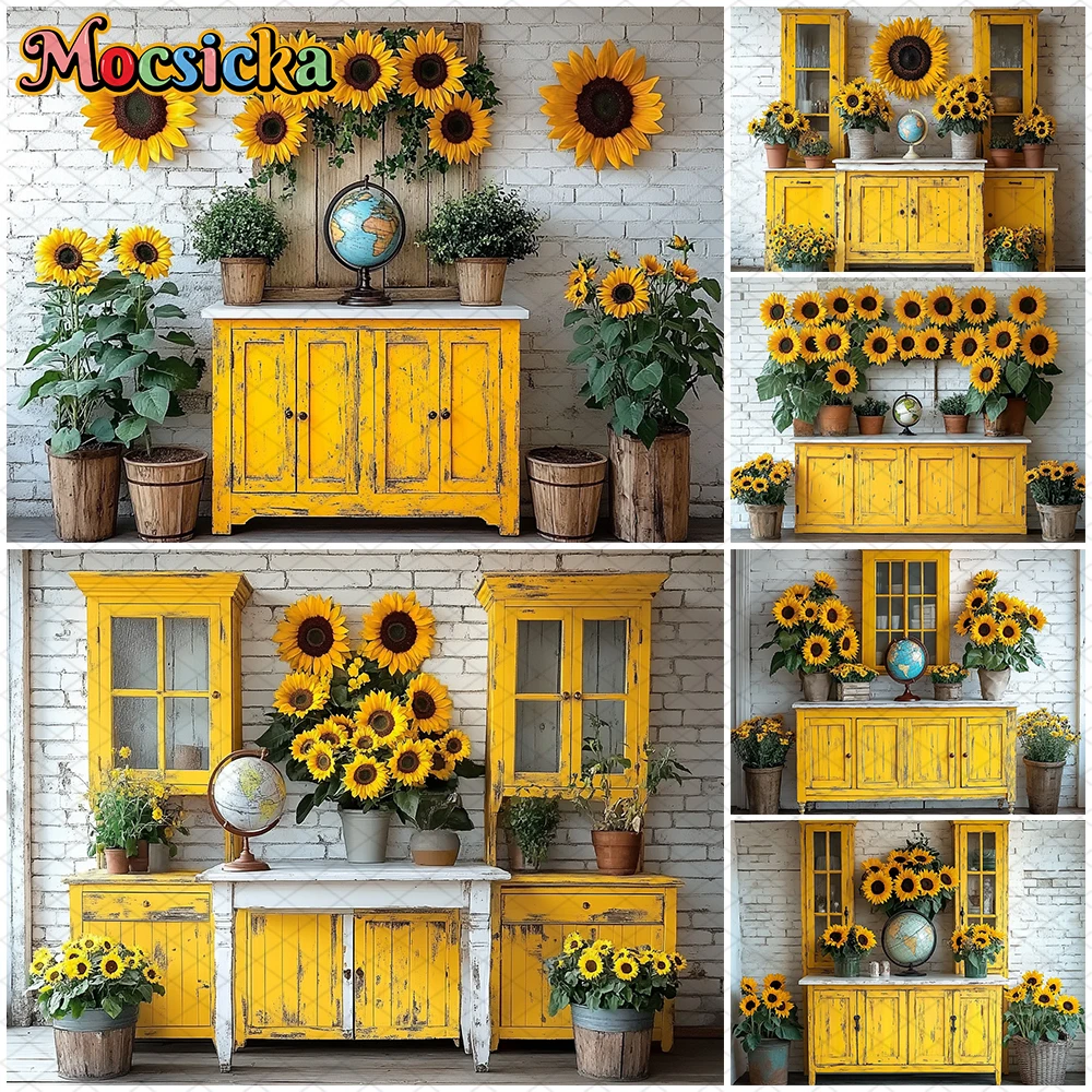 

Mocsicka Yellow Sunflower Photo Backdrop Spring Cabinet Potted Plant White Brick Wall Decoration Child Birthday Party Background