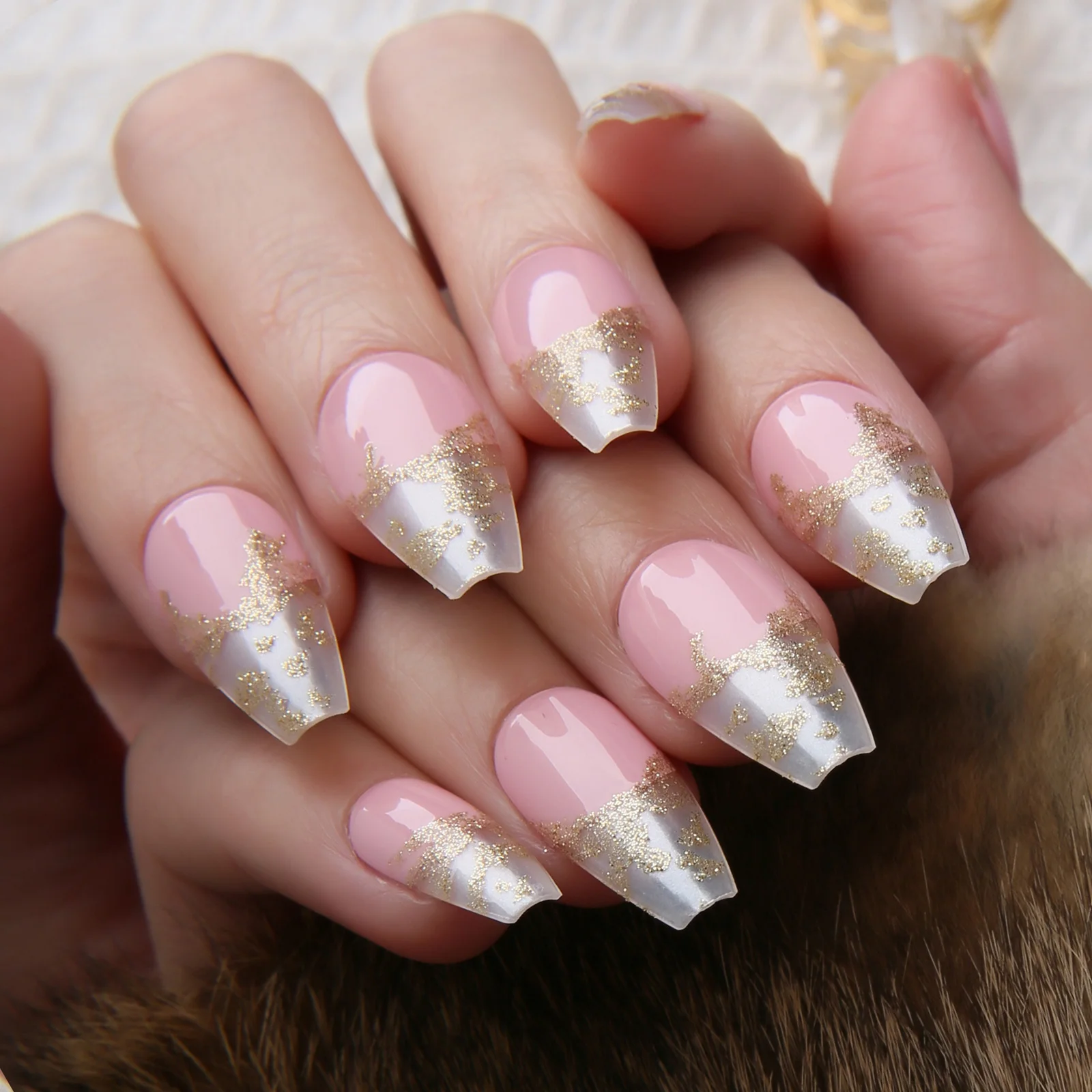 Coffin Pink False Nails Glitter Clear French Press On Nails Fake Nail Natural 28pcs Ballet Reuse Acrylic Gold leaf Bridal press