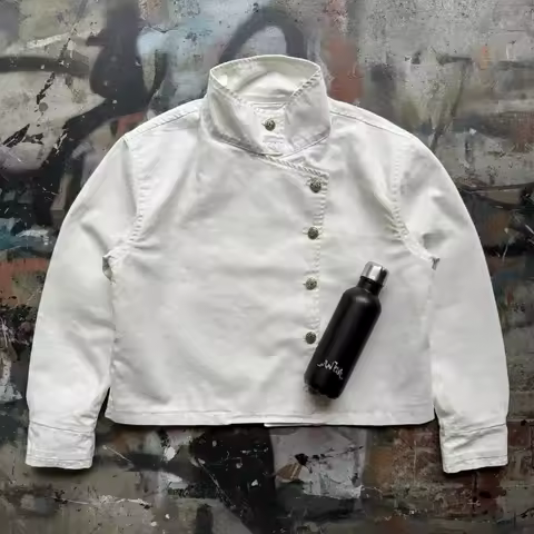 Y2K White Fencing Jacket High Neck Short Solid Color Safari Denim Jacket Men Women Goth Loose Casual High Street Unisex Clothing