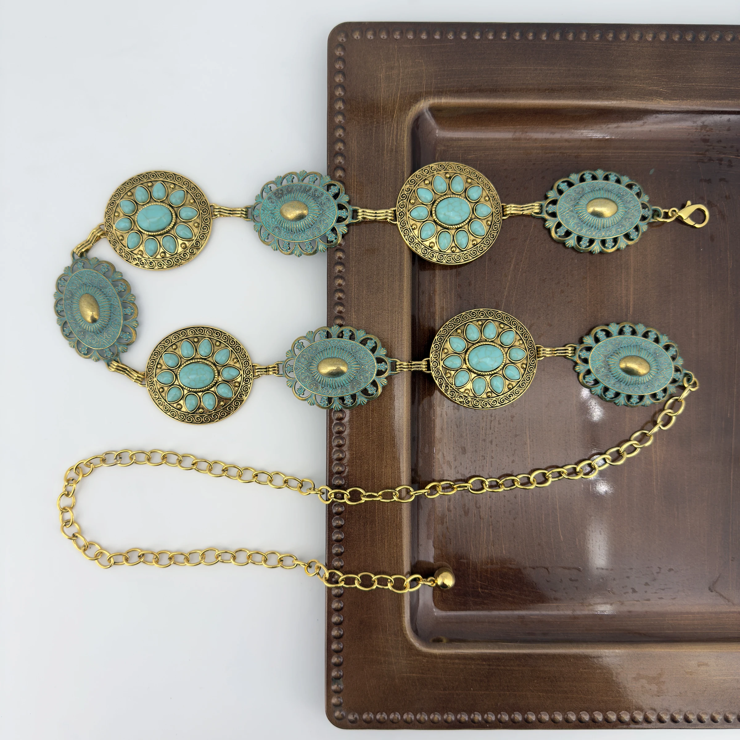 سلسلة خصر فيروزية للمجوهرات عبر الحدود للنساء؛ حزام عتيق من سبائك الزنك على الطراز البوهيمي العصري؛ متعدد الاستخدامات وأنيق