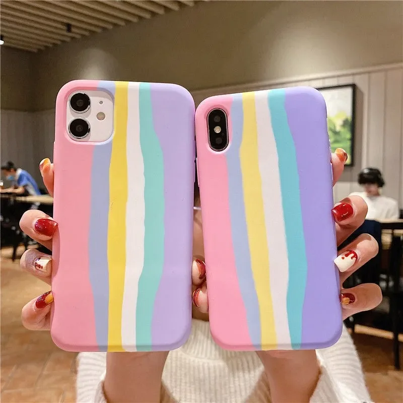 Strip Color Matching Style For iPhone 15 14 12 11 13 Pro Max  XR X 7 8 Plus SE 2020 Liquid Silicone New Rainbow Soft Case Cover