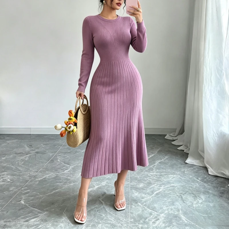 Women Knit Sweater Maxi Dress Long Sleeve Round Neck Elastic Slimi Bodycon Dress Elegant Party Casual Ladies Knitted Dress - view 3