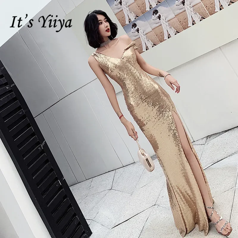 

It's YiiYa Customized Evening Dress Gold Sequins V-neck Mermaid Zipper Floor Length Split vestidos de fiesta Party Formal Gowns