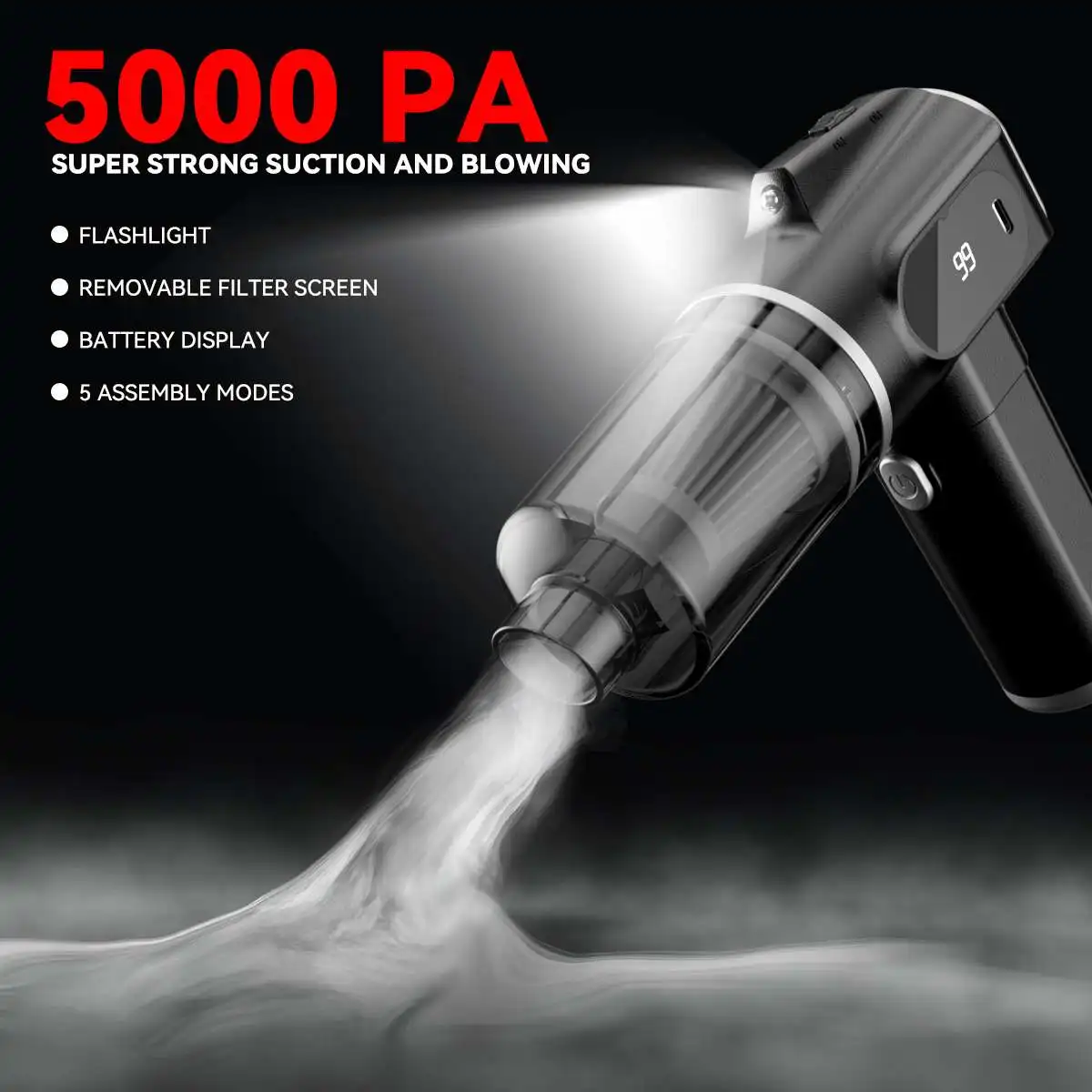 Portable Mini Foldable Car Vacuum Cleaner High-Power 5500Pa Cordless Rechargeable 4-in-1 Functions Suction Inflate Extraction