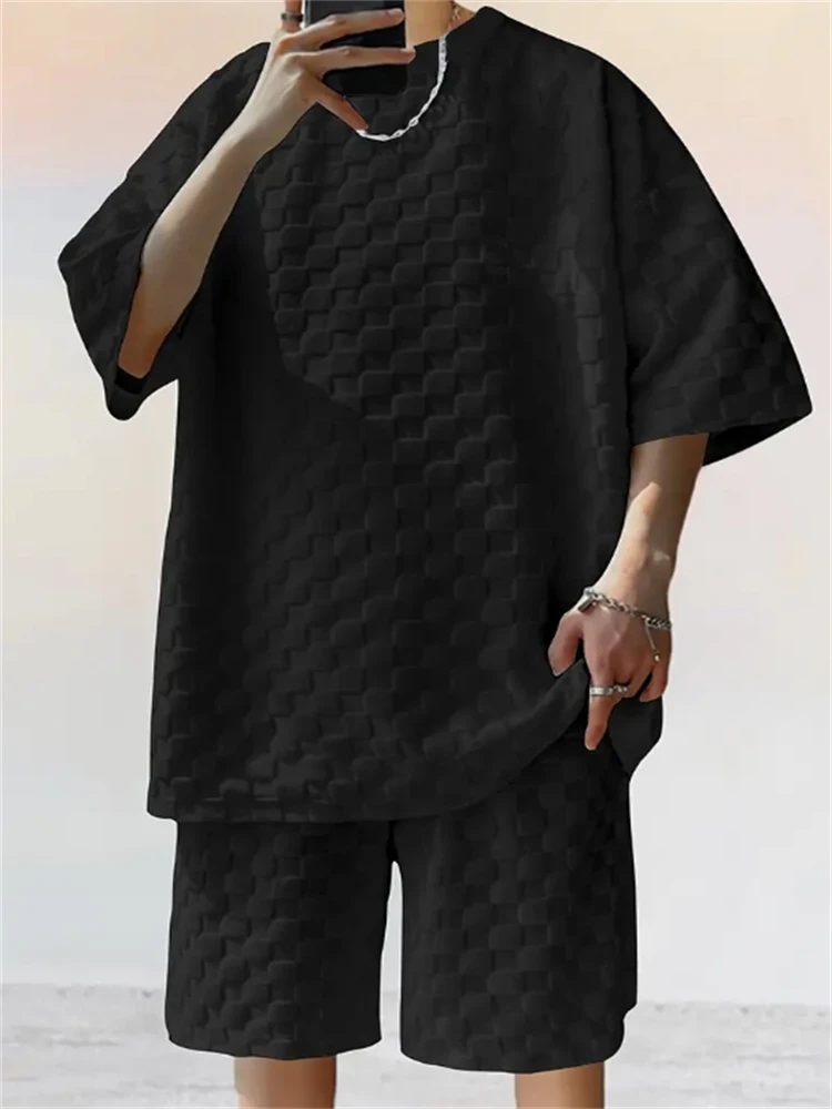

Casual men's jacquard round-neck short-sleeved suit, 2-piece checkerboard checkered fashionable T-shirt set, men's style