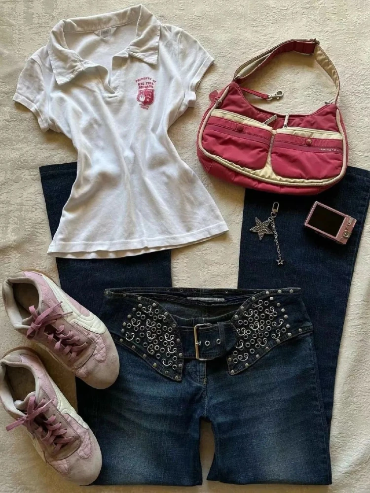 Y2K الأبيض خمر المرأة تي شيرت الصيف Harajuku التلبيب قصيرة الأكمام بلايز عادية الكورية شيك مطبوعة سليم أنثى تيز