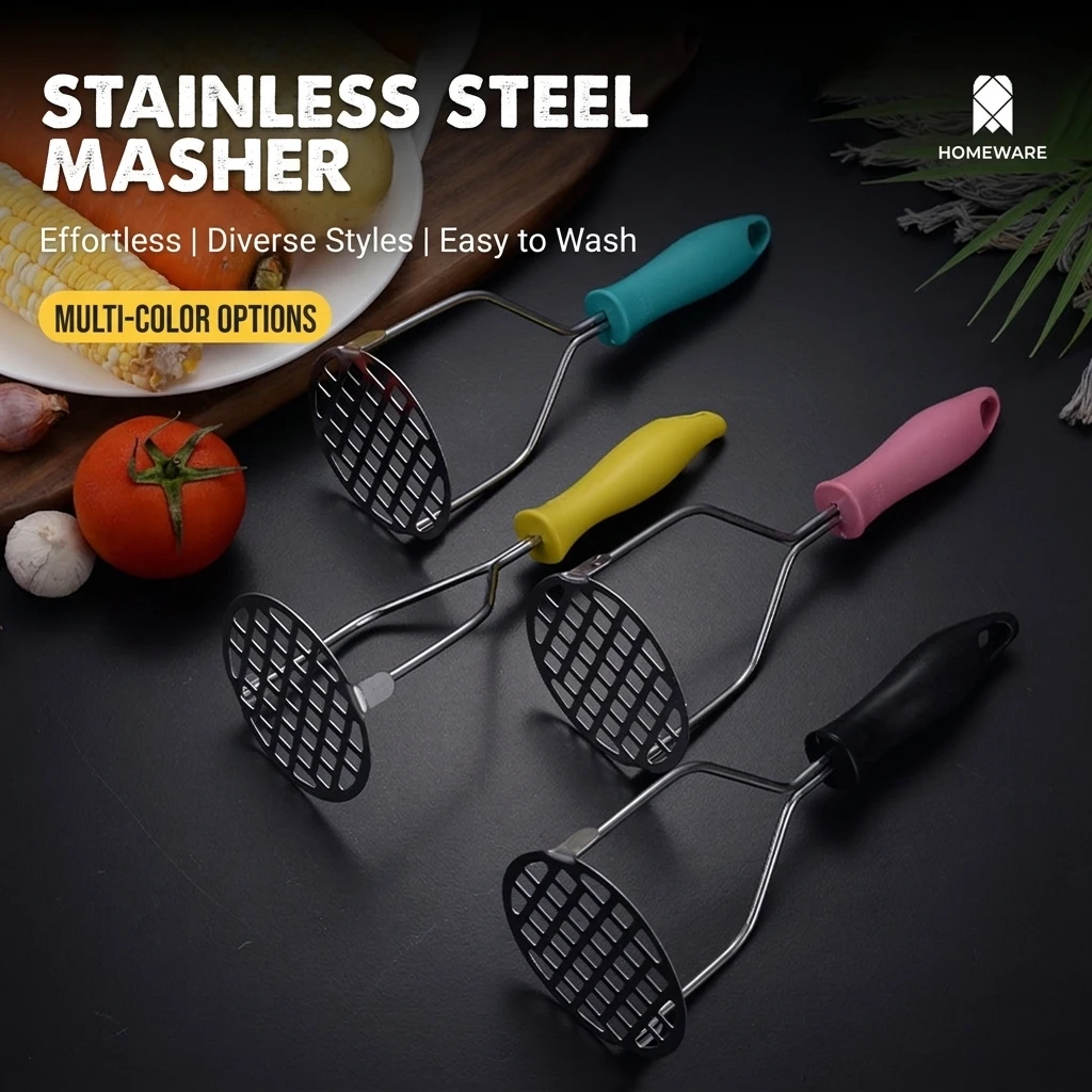 YGTITAN Stainless Steel Potato Masher, Round Grid Garlic Press, Heavy Duty Handheld Kitchen Tool for Bean & Veggie, Multi-Color