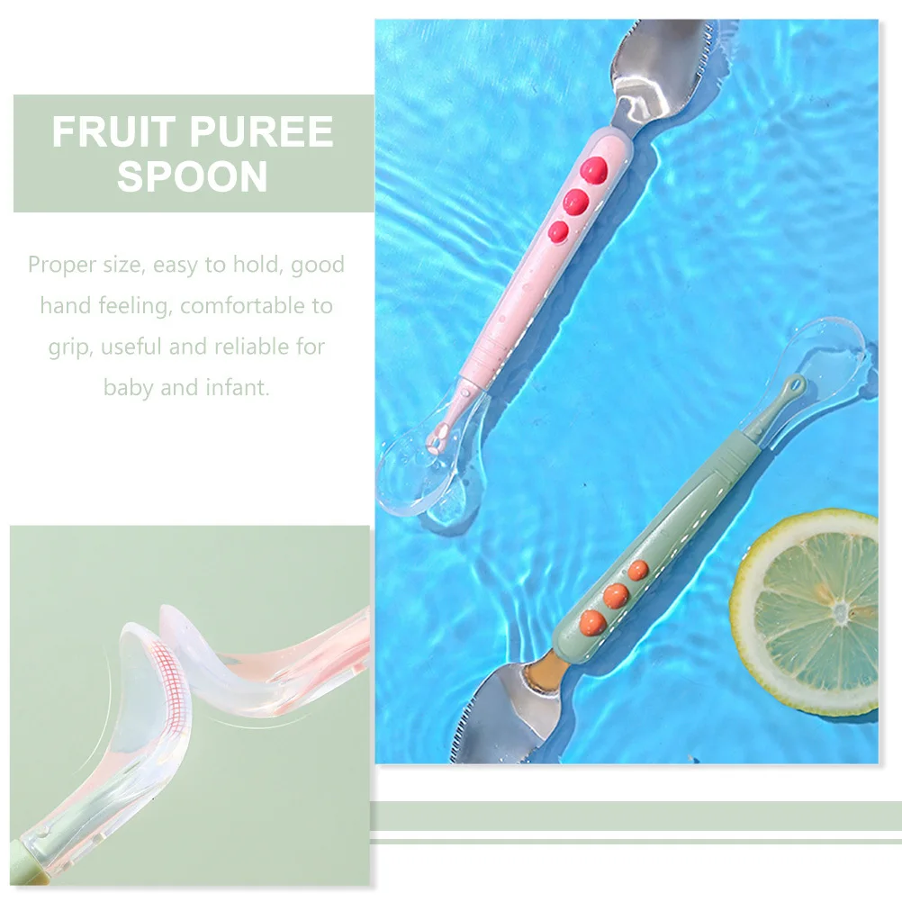 

Baby Fruit Puree Spoon Double Head Silicone Feeding Training Spoon For Infant Scraping Mud Portable Compact Light