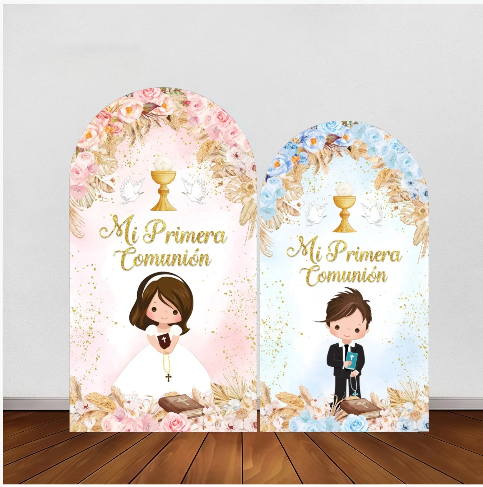 

Mi Primera Comunion Arch Backdrop Cross Dove Chalice Decor Floral Balloon Design For First Communion Party Photo Backgrounds