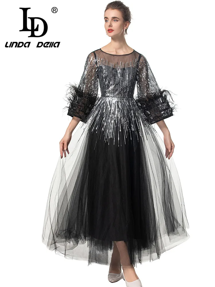 LD LINDA DELLA Women's Elegant Gorgeous Ball Gown Dress Mesh Sequins Long-Sleeved Feathers Autumn and Winter Party evening Dress