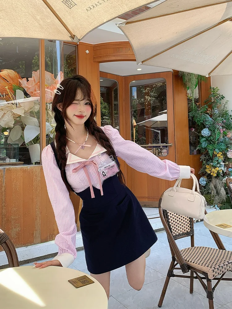 

Sweet Heart Fabric Pig irt Striped ort Sve Long irt for Women Pink Spring Faion Diamond Heat Transfer Slim Fit irt