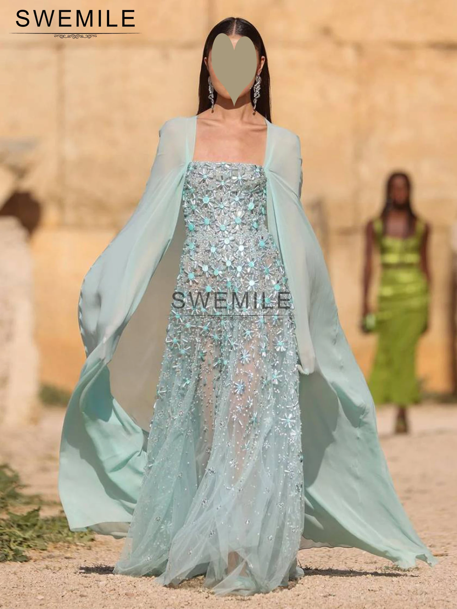 SWEMILE Saudi Arabia Sky Blue Mermaid Cape Sleeve Beaded Evening Dress For Occasion 2025 Square Collar Luxury Prom Gown Custom image 4