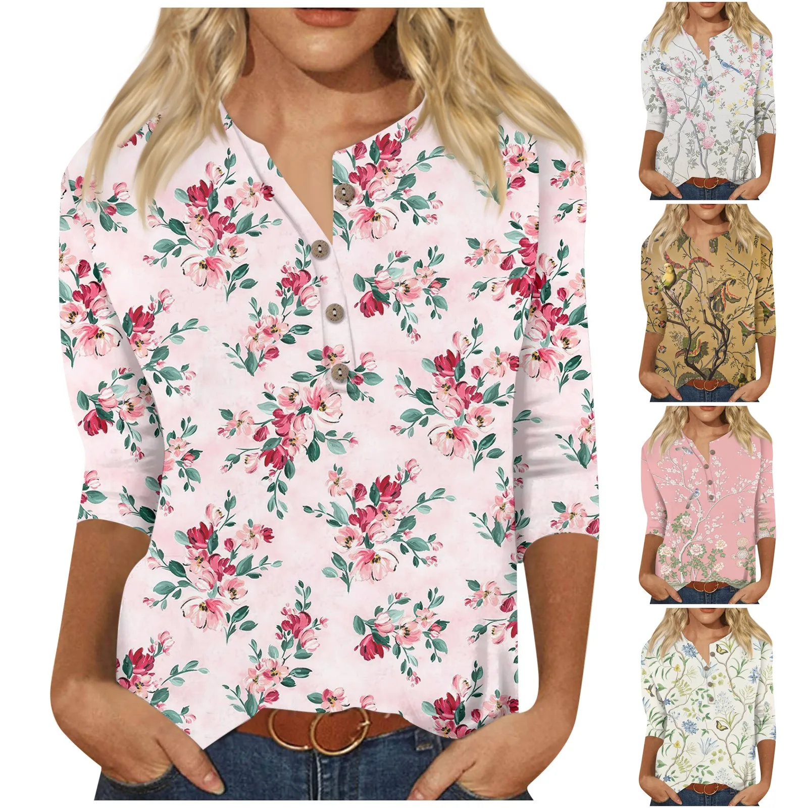 Women'S T-Shirt Daily Casual Floral Print Women Blouse 2024 V-Neck Button Summer 3/4 Sleeves Women Shirts & Blouses 한국인후기많은옷