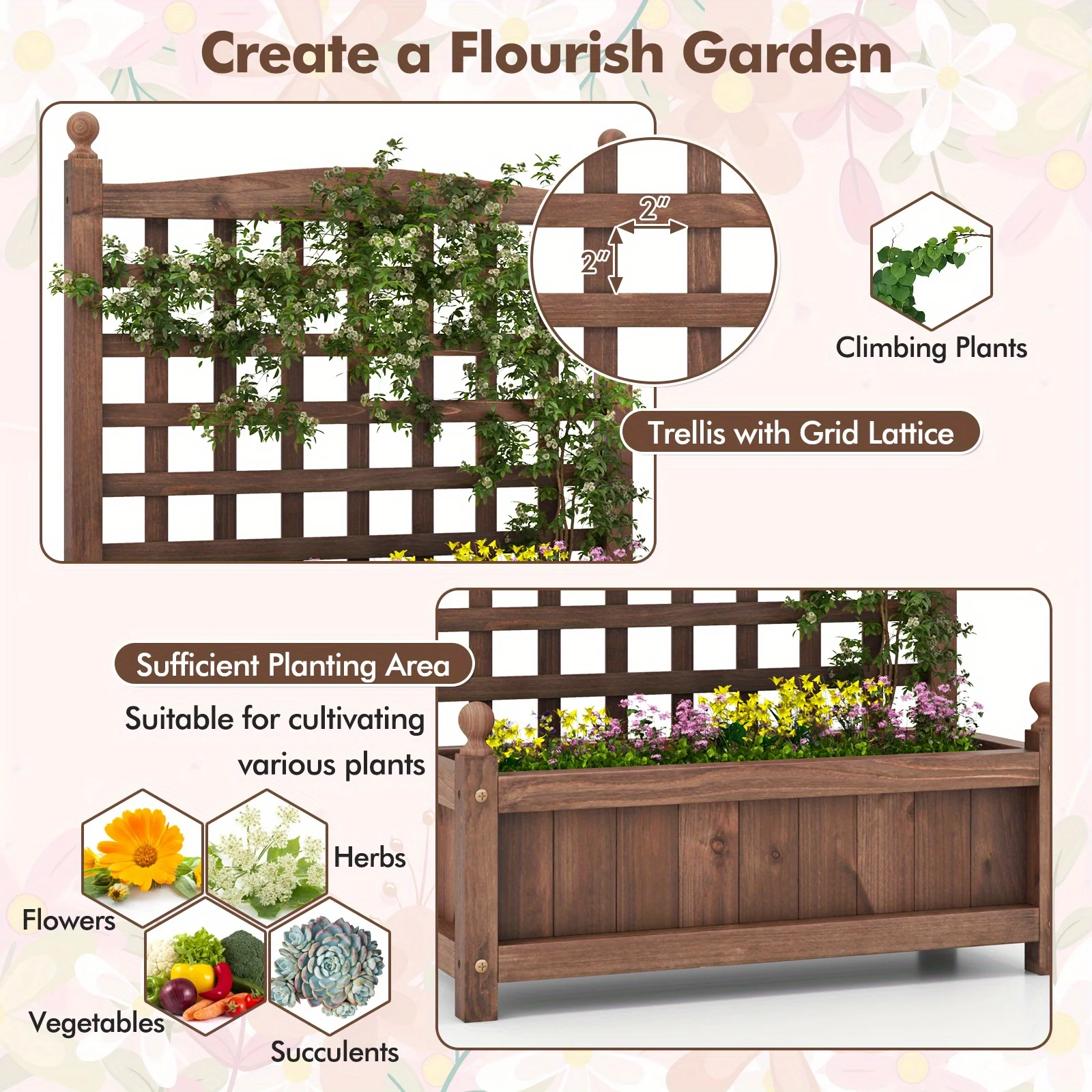 

Raised Garden Bed with Trellis, Outdoor Wooden Planter Box Kit with Drainage Holes