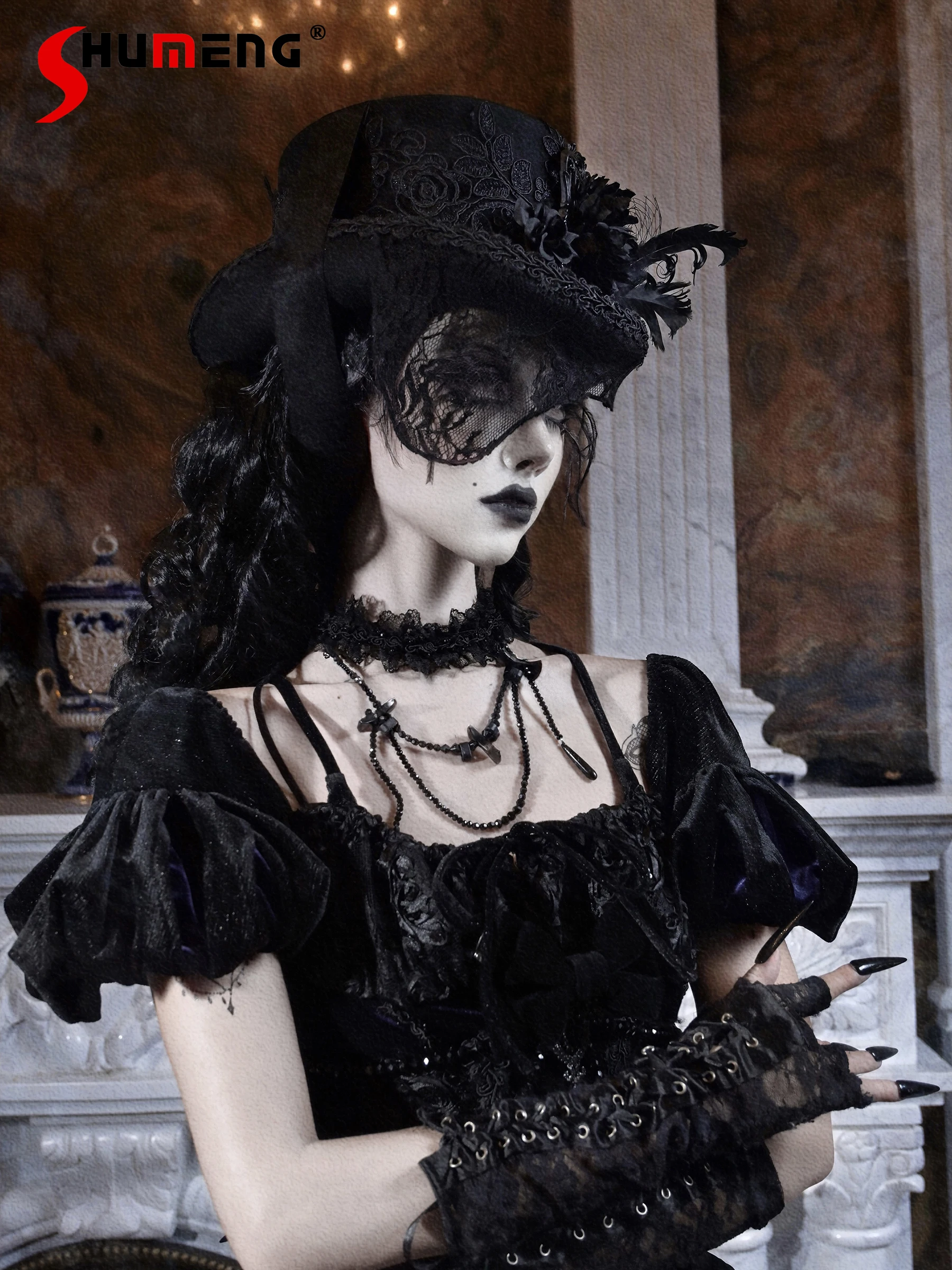 

Halloween Carnival Cos Women's Fedoras New 2025 Original Design Dark Gothic Lace Tie Flower Heavy Industry Lolita Fedoras Hats