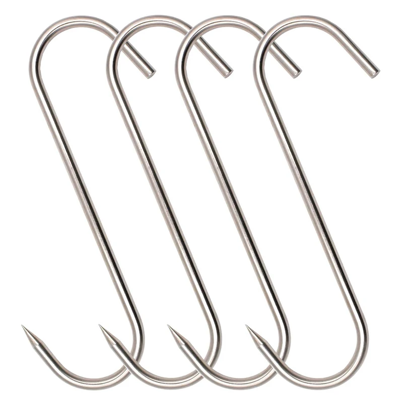 4Pcs Stainless Steel Meat Hooks, 8-Inch 4/8mm S-Hooks, Meat Processing Butcher Hook Pot Hooks