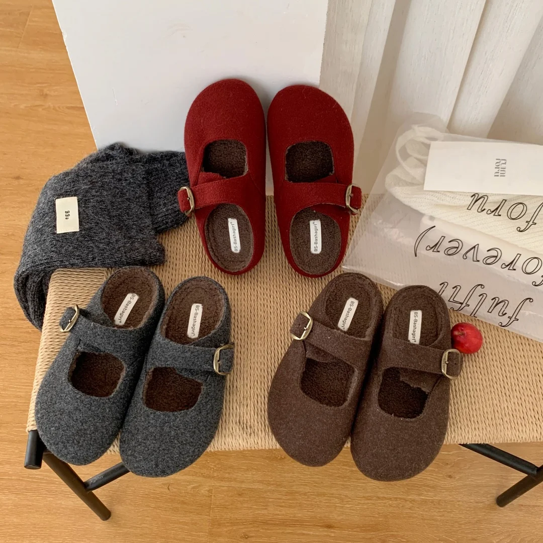 

Woman Shoes flat fur mules buckle platform slippers fashion round toe slides vintage comfortable slip on loafers gray brown red