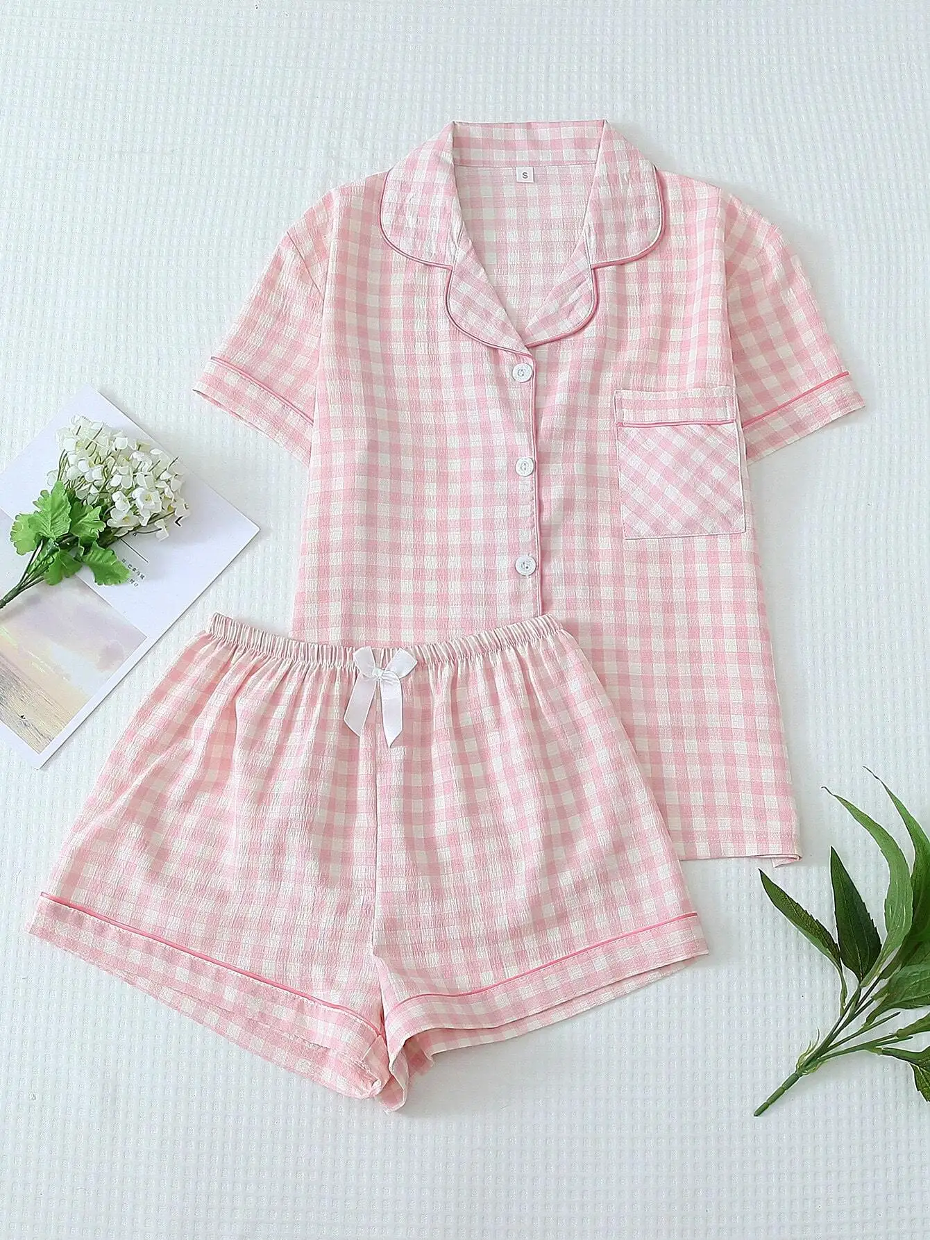 

Pink & White Gingham Pajama Set for Women - Short Sleeve Button-Up Top with Shorts