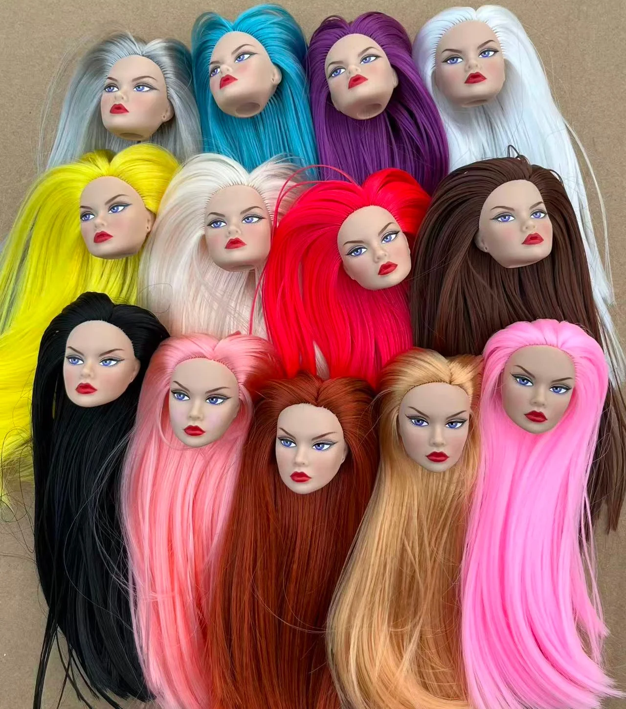 

1/6 Scale Poppy Heads Doll Parts with Long Colorful Hair Pink Beige Skin Slim Yoga Female Body Figure for Doll Making