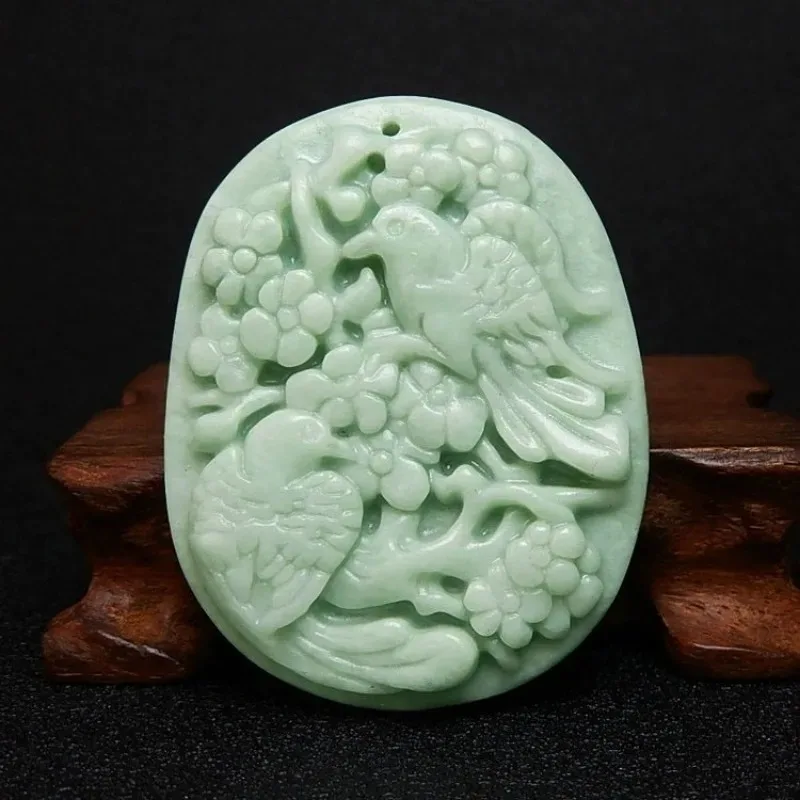 Natural Bean Green Handmade Carved Plum Blossom Jade Pendant, Fashionable Boutique Jewelry, Men's and Women's Magpie Necklace