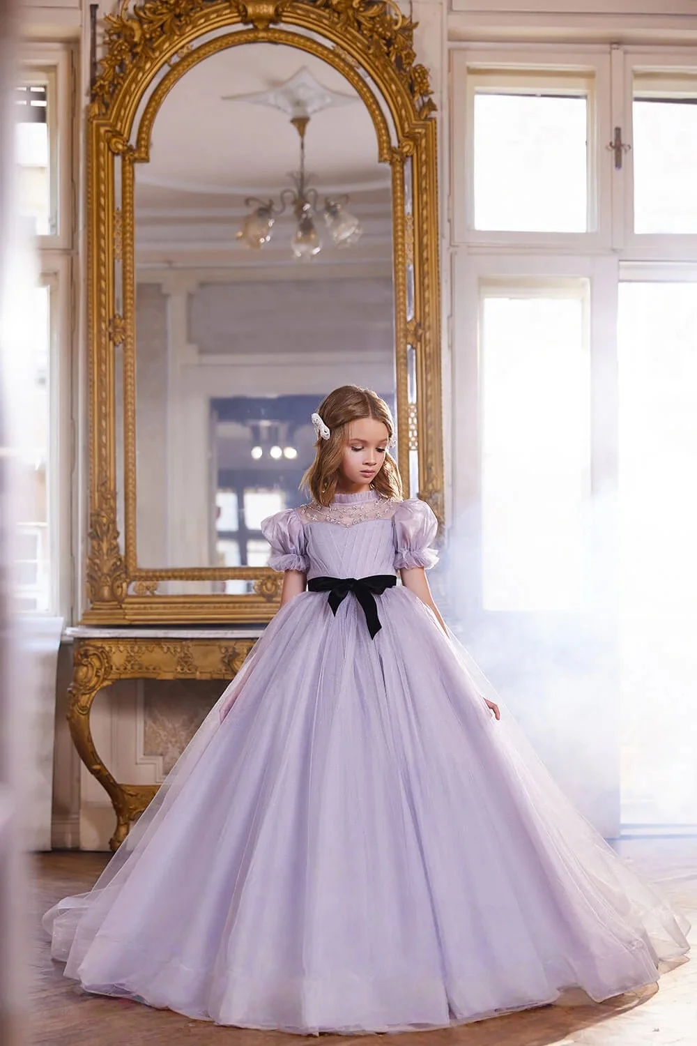 Custom JDY High Puff Sleeve Beaded Neck Bow Waist Tulle Trailing Flower Girl Dress Wedding Party Gown Birthday Pageant Dress فسا