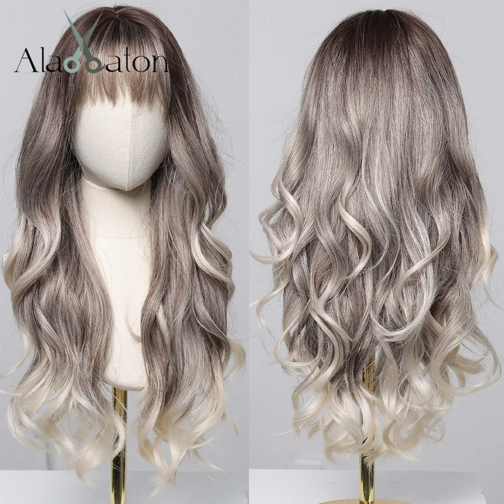 

ALAN EATON Gray Blonde Ombre Wavy Synthetic Wigs Long Ash Grey Hair Wig with Bangs Women Layered Wig Daily Party Heat Resistant