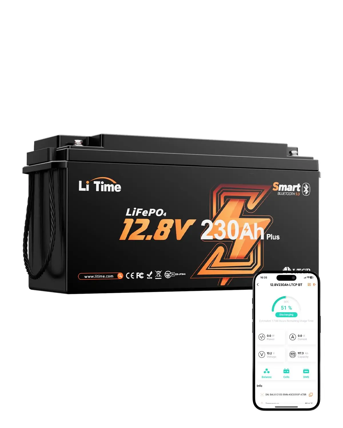 

12V 230Ah LiFePO4 Battery Bluetooth Low-Temp Protection 200A BMS 15000+ Deep Cycles RV Marine Solar Off-Grid, Customized
