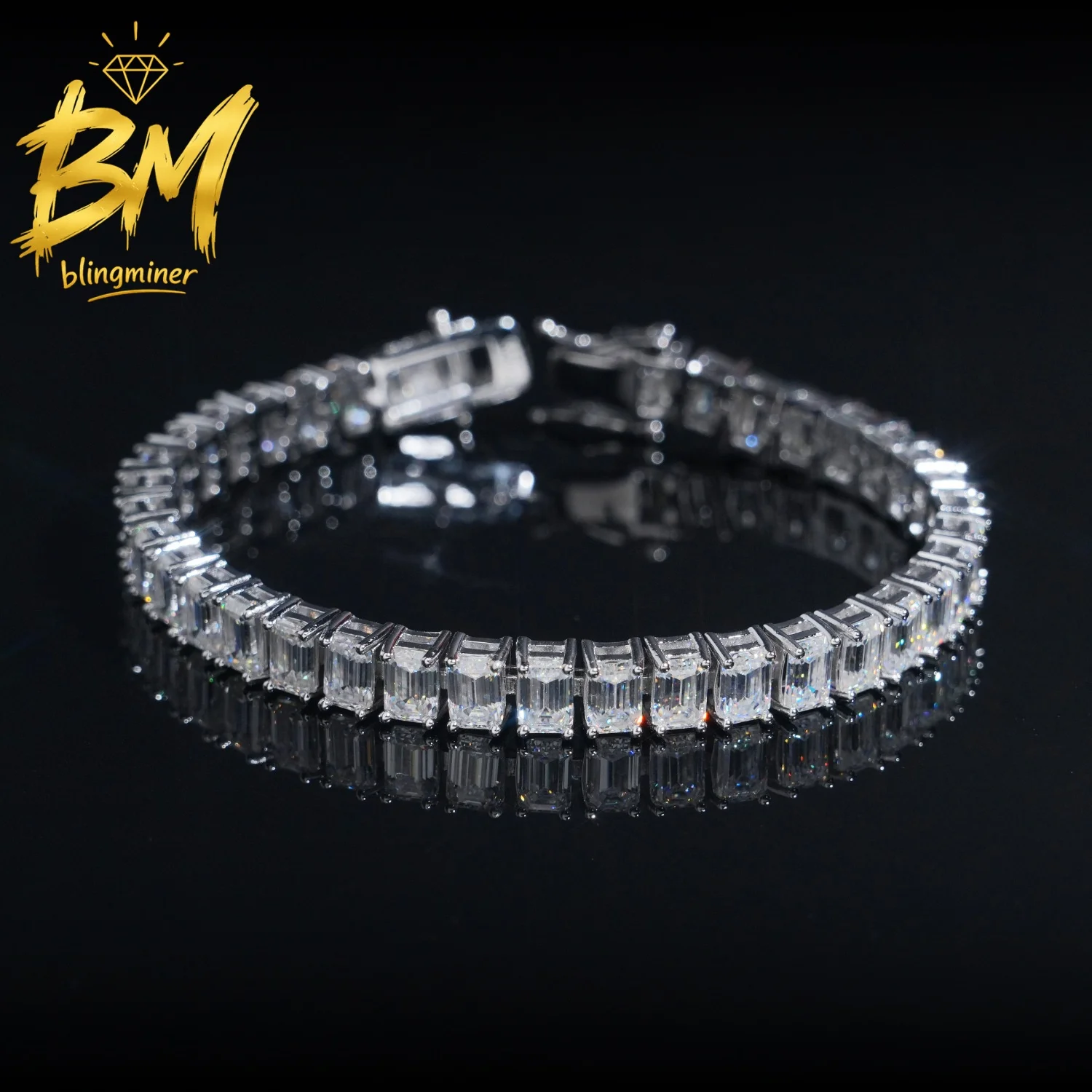 Blingminer 4*6MM Emerald Cut  Moissanite Tennis Chain Bracelet For Men Women S925 Silver Jewelry Pass Diamonds Tester Free Shipp