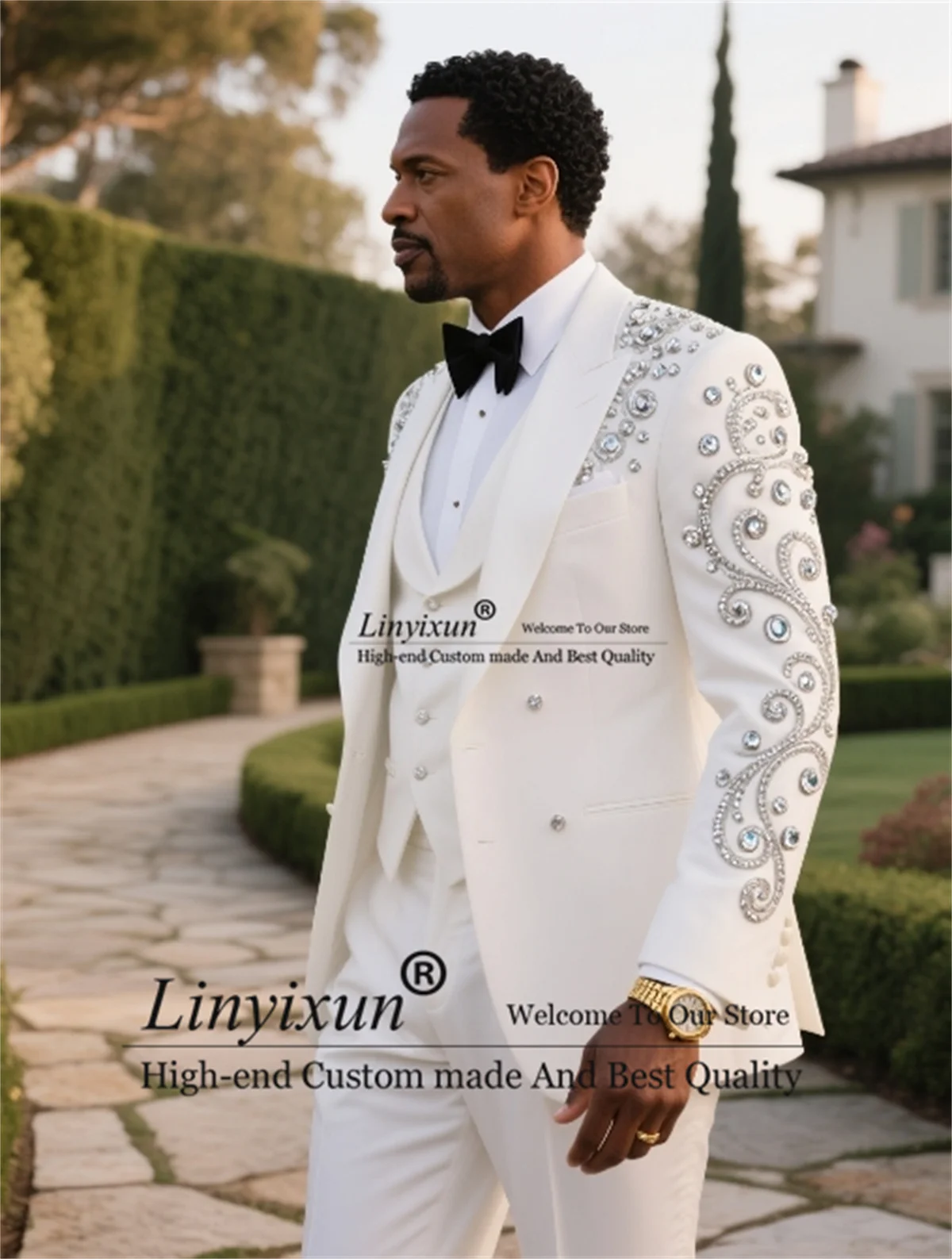 

High End Beaded Crystals Men Suit Customized Wedding Groom Tuxedos Business Male Prom Blazer 3 Piece Sets trajes para hombre