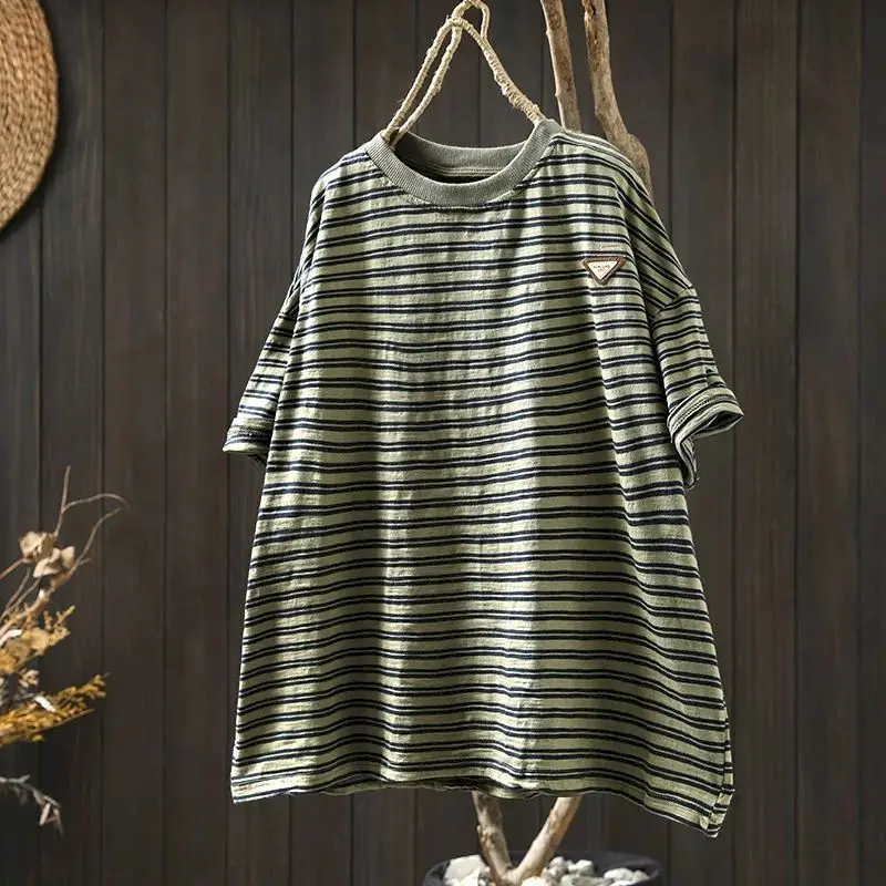 

Cotton T-shirts for Women Fashion Striped Short Sleeved T Shirt Summer Trend Loose Retro Casual Versatile Pullover Top Ins Tees