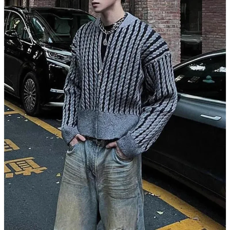 

Mens And Womens American Vintage Lazy Loose Zipper Fashion Knitted Sweater Cool Handsome High Grade Texture Cable Knit Cardigan