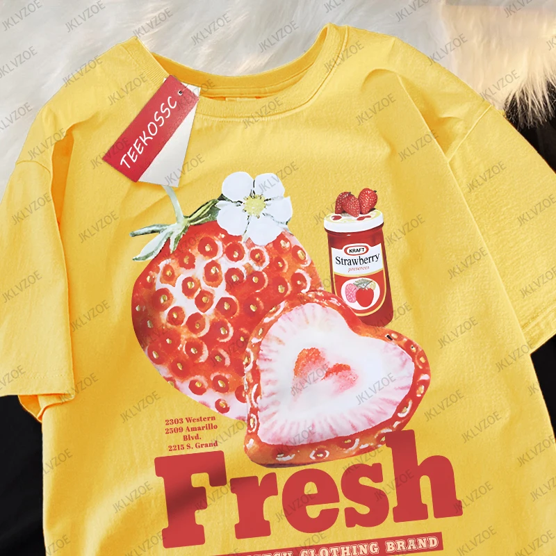 Fresh Strawberry American Retro Creative Printed Short Sleeve T-shirt Women Trendy Brand Loose Versatile Half Sleeve Unisex Tops