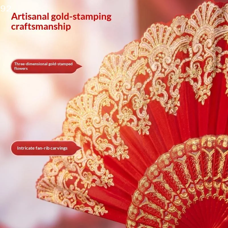 Chinese Folding Hand Fan Gold Lace Printed Fan Lightweight Handheld Fan For Wedding Party Bridal Cosplay Photo Decoration