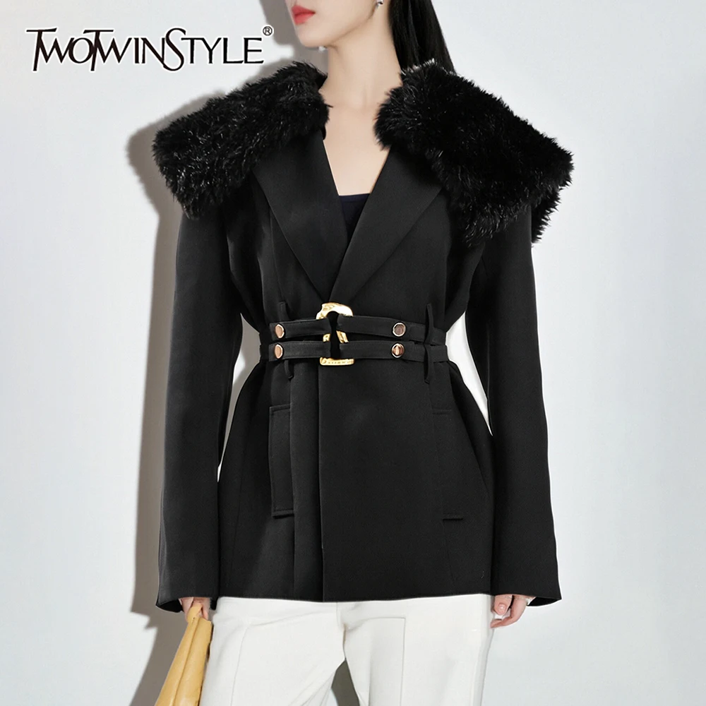 

TWOTWINSTYLE Black Spliced Sashes Chic Jacket Female V Neck Long Sleeve Loose Light Luxury Women's Jackets Autumn Fashion New