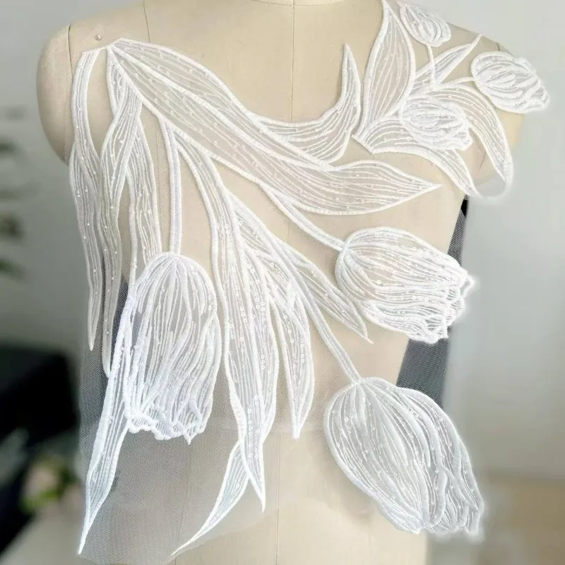 1 Group.Tulip Flower Bead Embroidery Collar Decal,Wedding Dress Bridal Front and Back Decoration Lace Embroidery Supplies