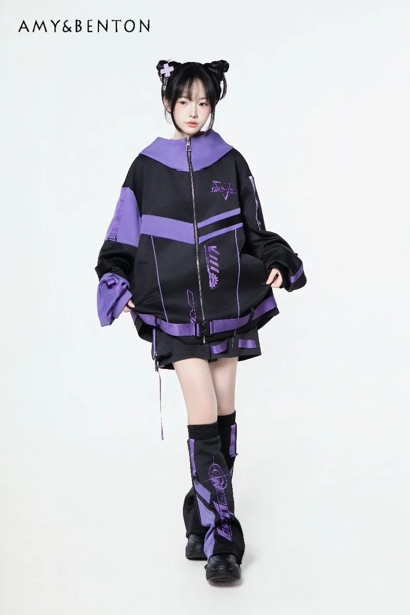 Functional Style Full Set Women Japanese Mine Series Subculture Hooded Oversized Jacket Gothic Punk Style Casual Sports Suit