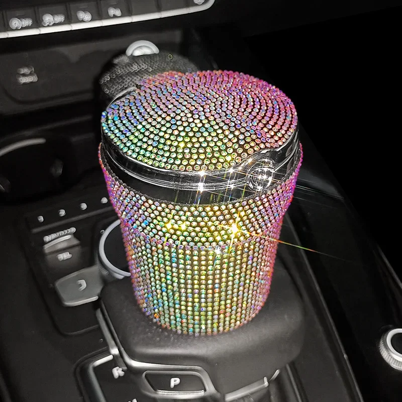 Crystal Diamond Car Ashtray Auto Portable Bling Cigarette Smokeless with LED Light Indicator Car Accessories for Women