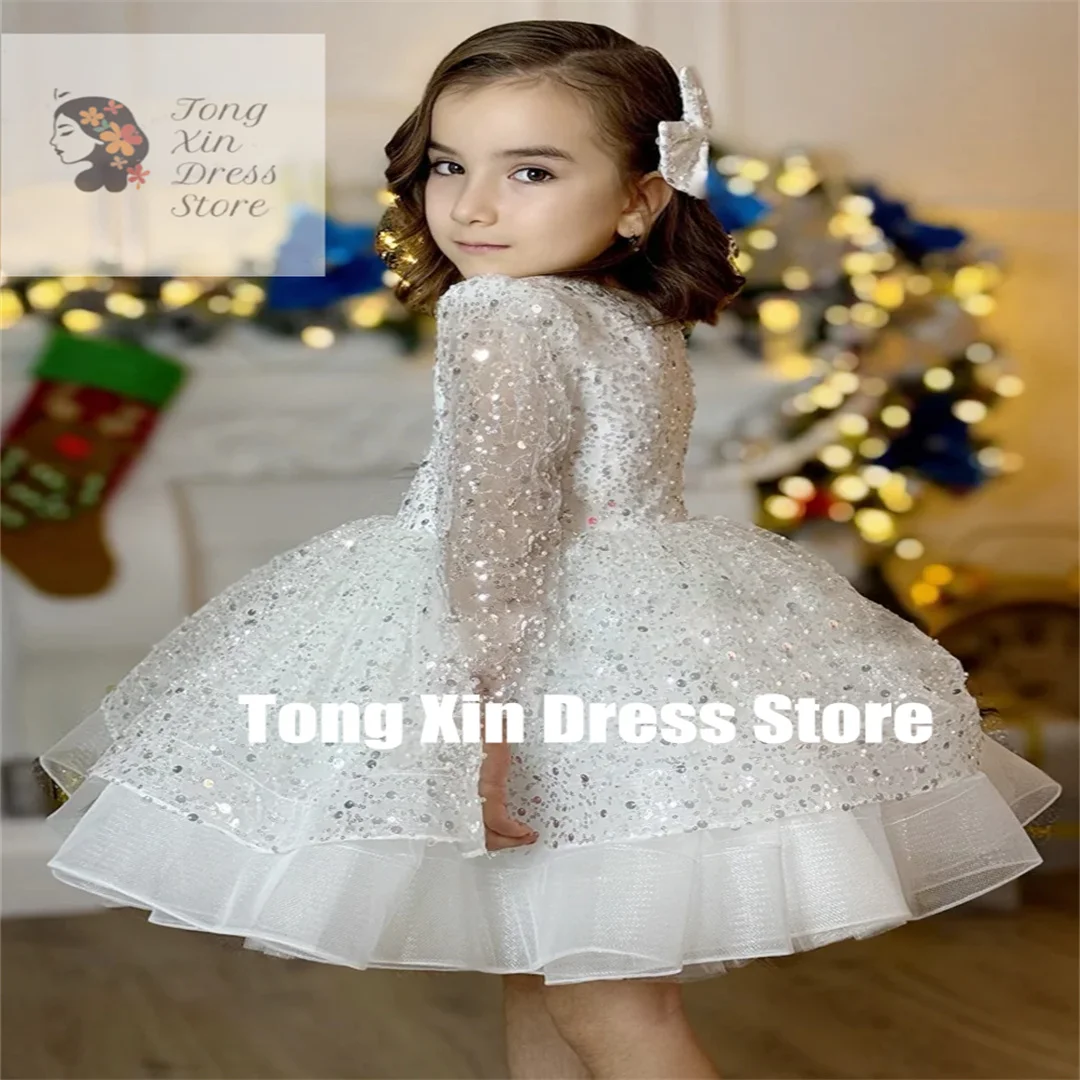 

Customized Flower Girl Dresses White Tulle Puffy Tiered Sequin Long Sleeve For Wedding Birthday Party Banquet Princess Gowns