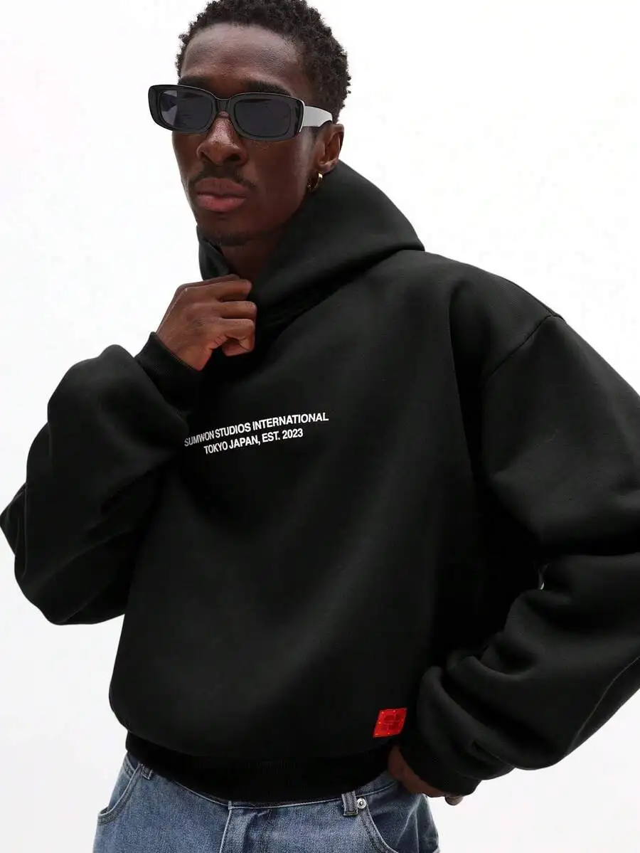 SUMWON Tokyo Text Graphic Print Pullover Hoodie With Front Pouch Pocket For Winter Casual